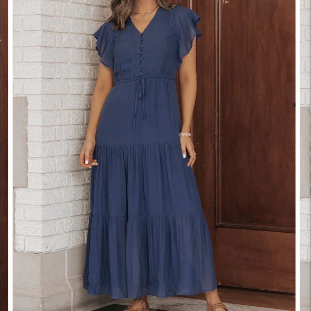 Navy Blue Tiered Boho Maxi Dress - Womens medium